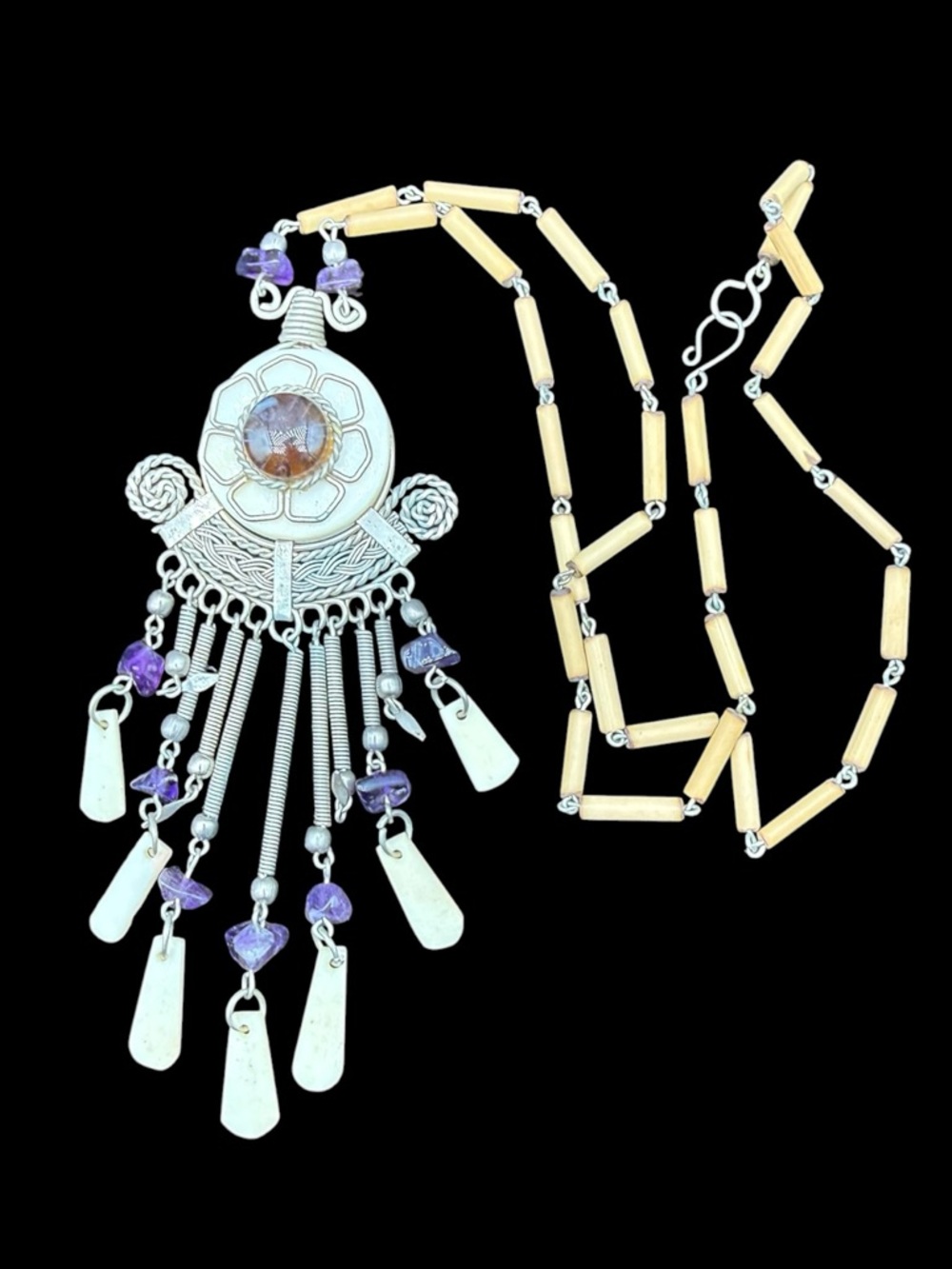 Silver-Tone Handmade Peruvian Pendant Fringe Long Necklace Purple Accents